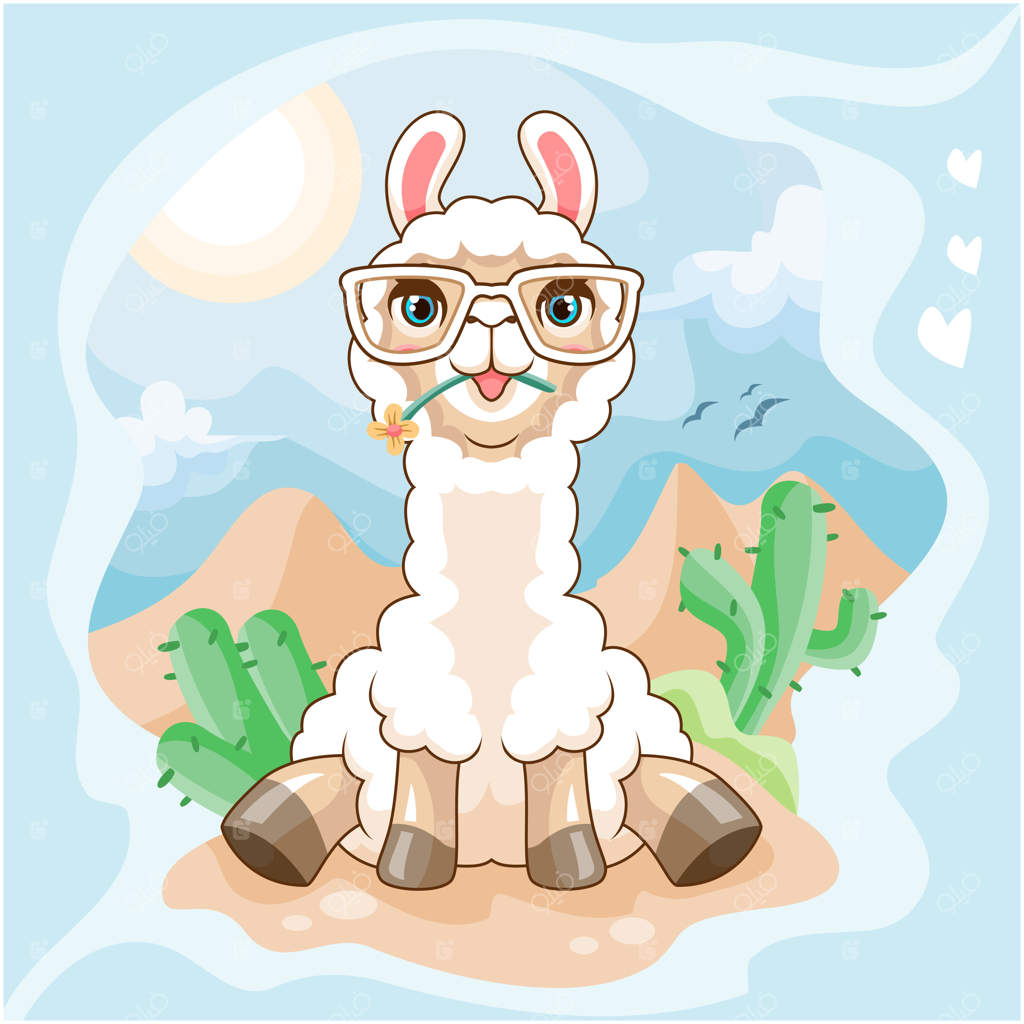 لامای کارتونی عینک‌دار تنها در بیابان نشسته است