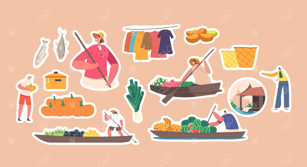 مجموعه برچسب‌ها: بازاری شناور در تایلند، فروشنده با کلاه حصیری در قایق و مردم در حال خرید کالاها