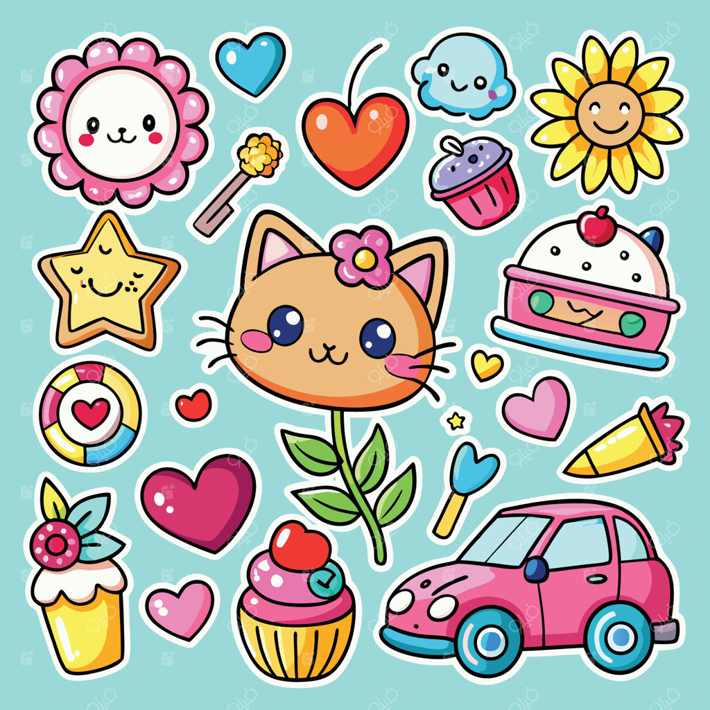 استیکرهای کارتونی دوست‌داشتنی با طرح قلب، ماشین، گربه و بستنی قیفی