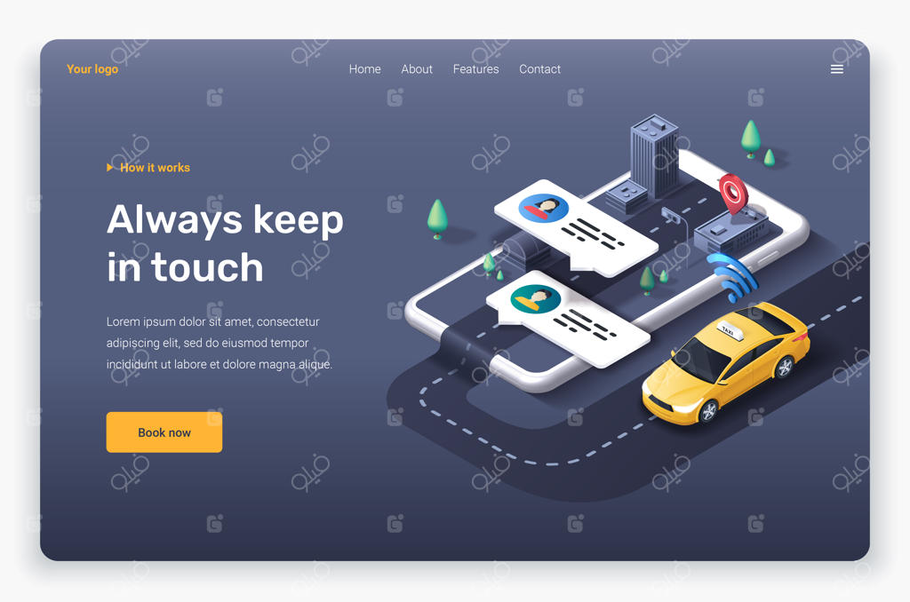 قالب صفحه فرود برای اپلیکیشن تاکسی با پروفایل، روش‌های پرداخت، موقعیت مکانی و نقشه.