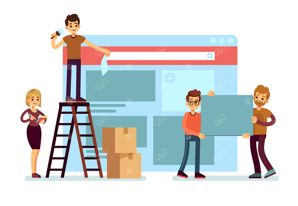 ساخت و طراحی رابط کاربری وب‌سایت توسط تیم؛ طرح وکتور مفهومی توسعه رابط وب و تصویرسازی صفحه توسعه رابط کاربری