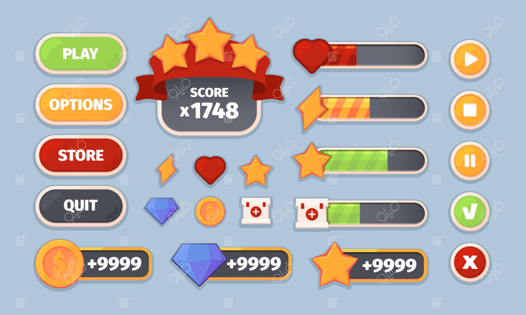 آیکون‌ها و دکمه‌های رابط کاربری بازی، پنل‌ها و فریم‌های مسطح، وکتور رنگارنگ کیت کامل