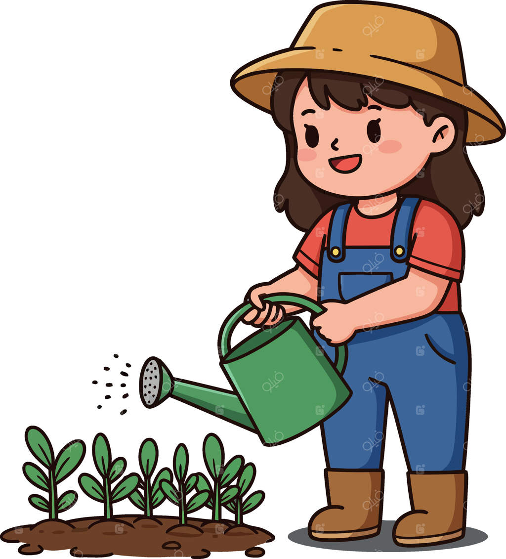 دختری جوان با آبیاری گیاهان در باغچه با آب‌پاش – تصویرسازی تخت