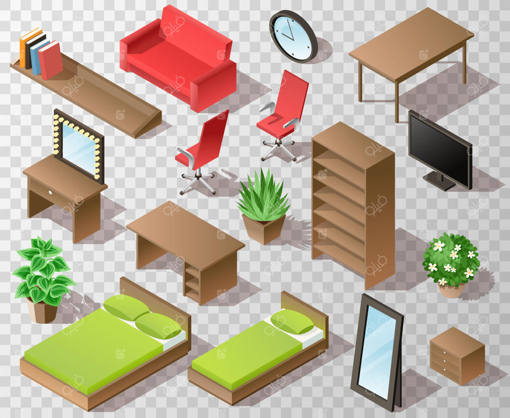 مبلمان و اثاثیه ایزومتریک اتاق نشیمن در طیف رنگی قهوه‌ای شامل تخت، صندلی اداری، میز، تلویزیون، آینه، کمد، گیاهان و سایر اجزای دکوراسیون داخلی با پس‌زمینه شفاف و سایه