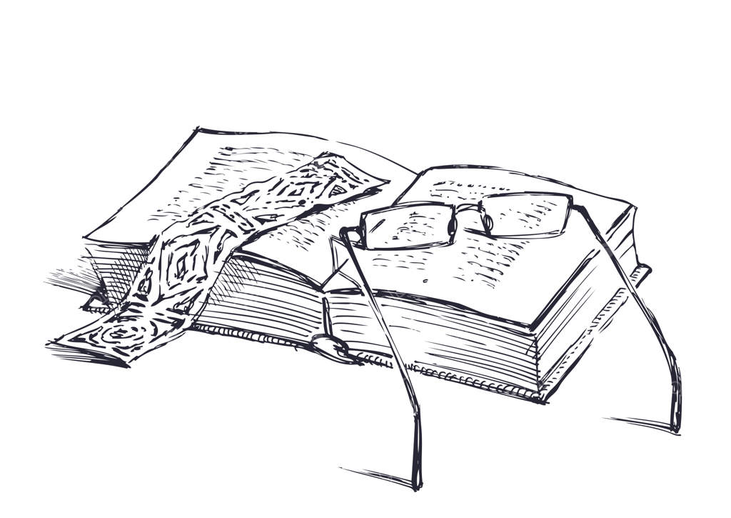 طرح دستی کتاب قدیمی باز با عینک و نشانک - تصویرسازی وکتوری