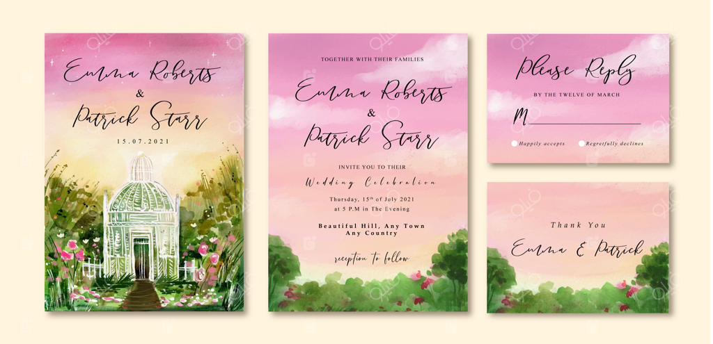 کارت دعوت عروسی آبرنگی با آسمان غروب بنفش و خانه شیشه‌ای در باغ