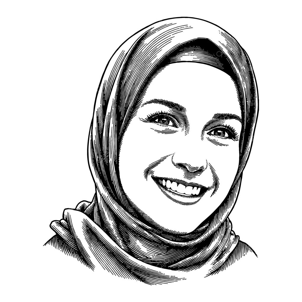 طراحی خطی و سیاه و سفید پرتره دختر محجبه با لبخندی زیبا