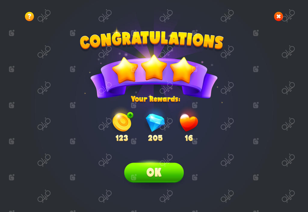صفحه پاداش بازی: تبریک! مرحله تکمیل شد