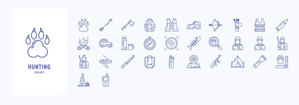 شکار و کمپینگ: از نمادهایی مثل حیوان، تیر و کمان، تبر، کوله‌پشتی و دیگر موارد