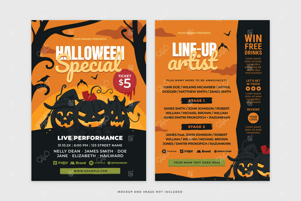 قالب فلایر وکتور کلاسیک هالووین با کدو تنبل به رنگ‌های نارنجی و مشکی