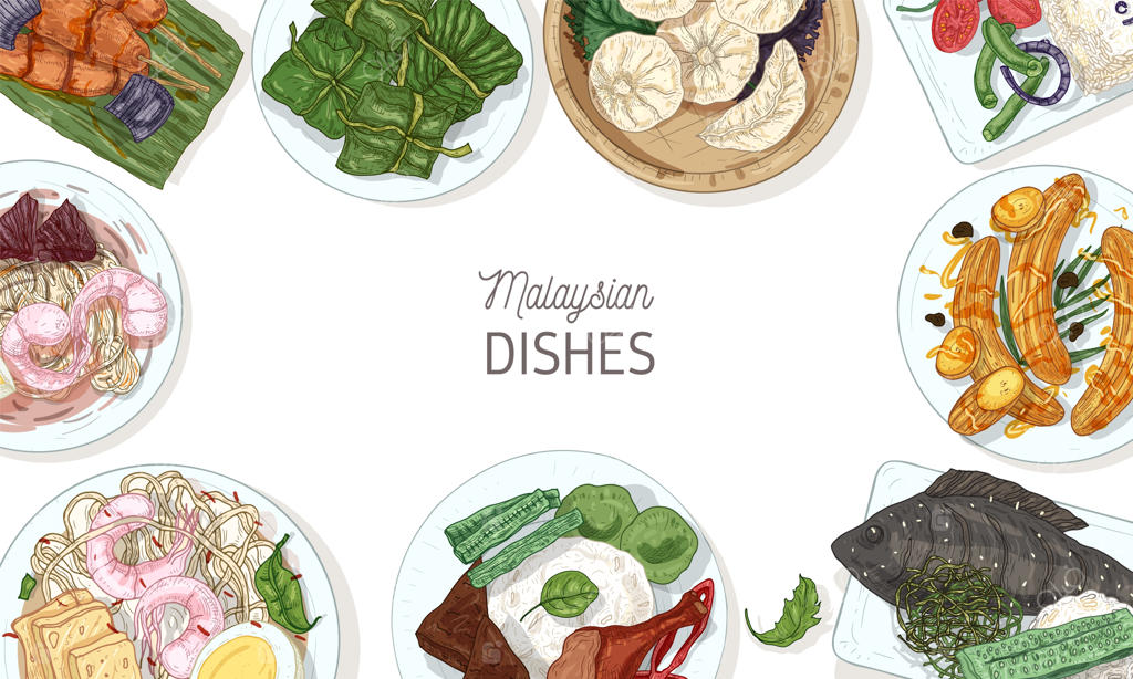 پس‌زمینه‌ای از خوراک‌های لذیذ مالزیایی یا قاب غذاهای خوشمزه و تند آسیایی در بشقاب‌ها، نمای بالا