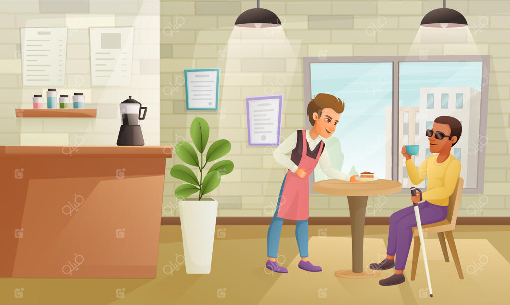کاریکاتور مرد نابینای معلول با عصا در حال نوشیدن قهوه در کافه با پیشخدمت دوستانه