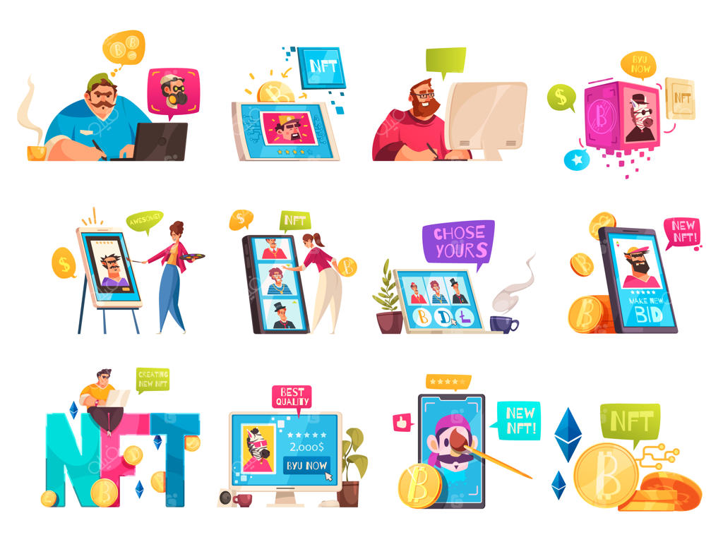 مجموعه افراد در حال کار با توکن‌های غیرقابل تعویض و هنر دیجیتال و کارت‌های رمزنگاری برای فروش - تصویر برداری مجزا