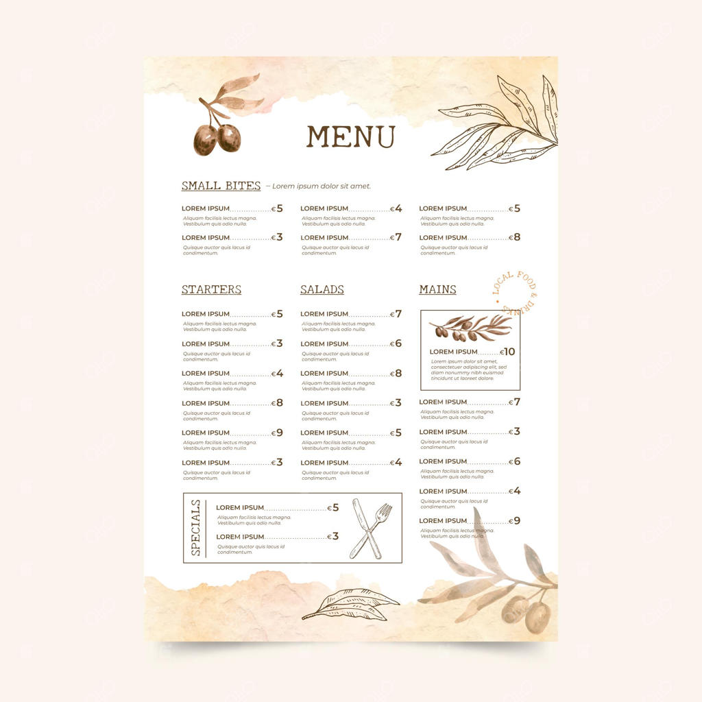 قالب منوی رستوران روستایی با نقاشی آبرنگ دستی
