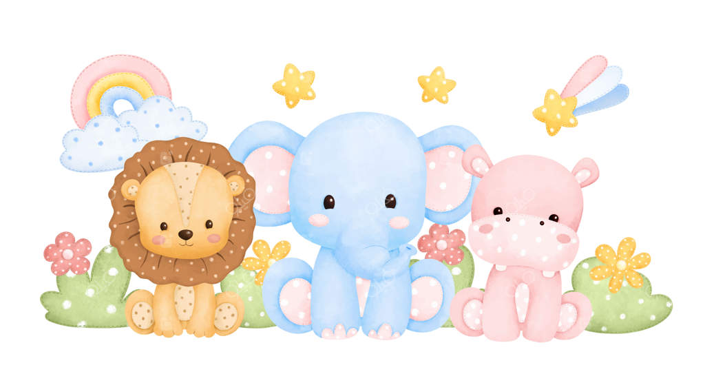 نقاشی آبرنگی: عروسک‌های حیوانات سافاری در باغچه