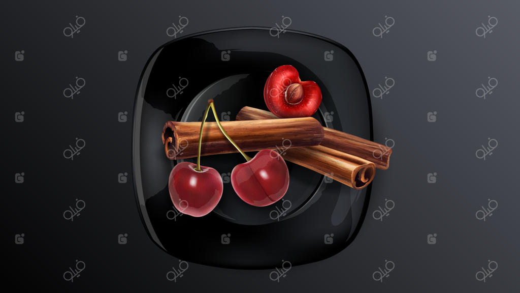 گیلاس‌های تازه و چوب‌های دارچین روی بشقاب مشکی.