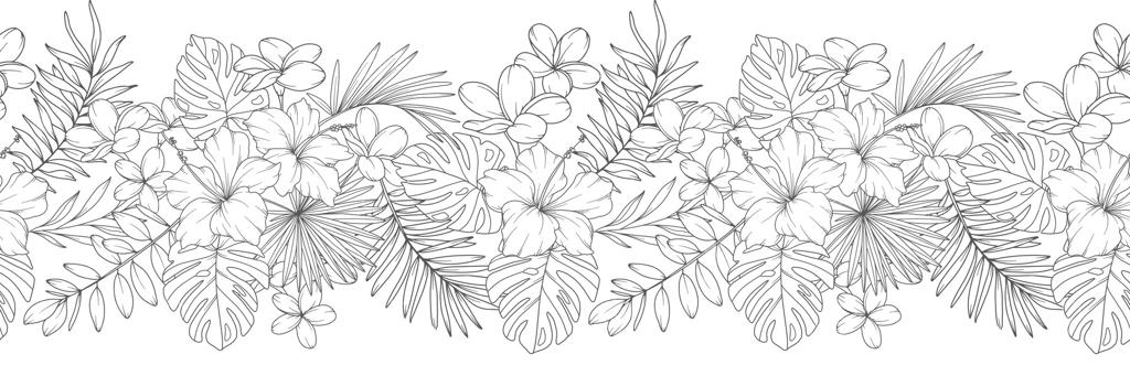 مرز گل‌ها با گیاهان و گل‌های گرمسیری. پس‌زمینه افقی یکپارچه گل‌ها. طراحی خطی هنر. طراحی مینیمالیستی گل. حاشیه گل‌ها به صورت یکپارچه. قاب حاشیه‌ای.