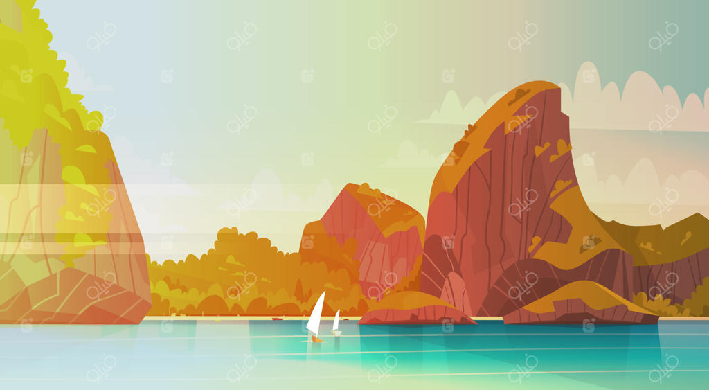 منظره دریایی: ساحل زیبای آسیایی با چشم‌انداز کوهستانی و چشم‌انداز تابستانی دریا