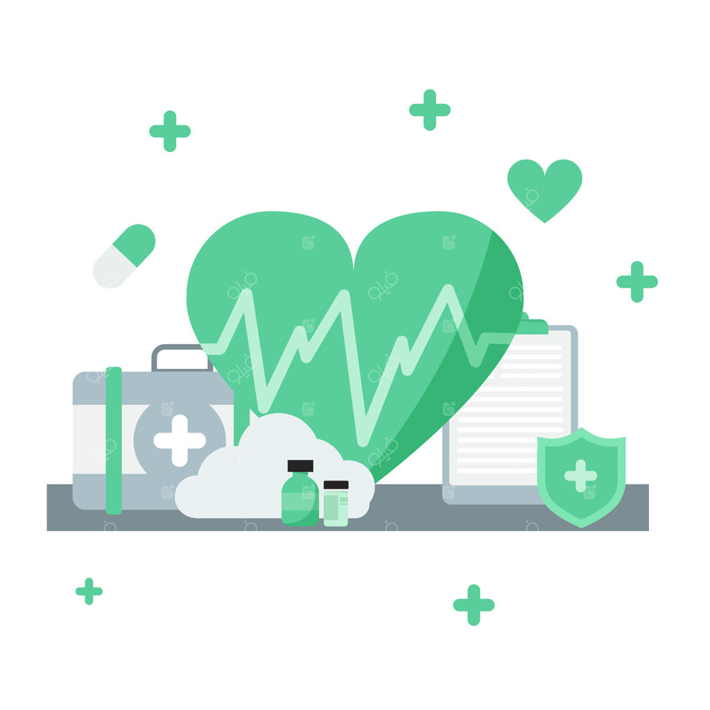 تصویرسازی پزشکی و سلامت با تم سبز شامل پزشک، واکسن، قرص و المان‌های بیمارستانی