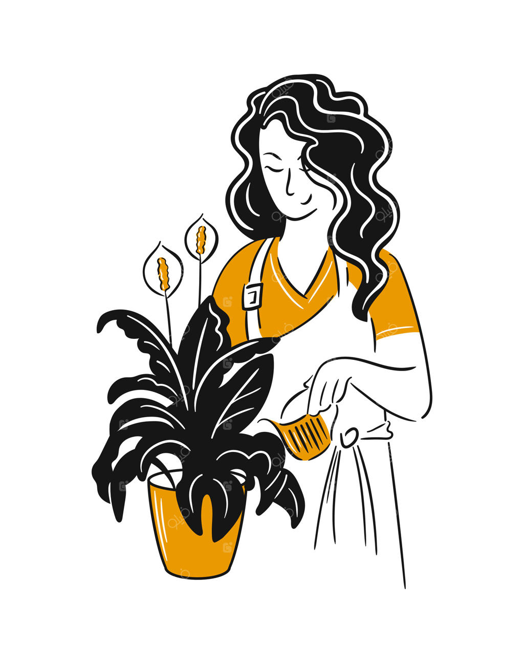 زن جوان عاشق گل و گیاه در گلخانه یا باغچه خانگی؛ دختری بامزه که با آبپاش از گلدان مراقبت می‌کند.