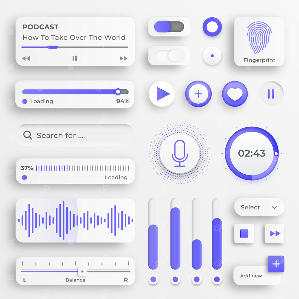 عناصر رابط کاربری: اسلایدرها برای وب‌سایت‌ها، منوی موبایل، ناوبری و اپلیکیشن‌ها. دکمه‌های وب سفید و اسلایدرهای رابط کاربری. رابط کاربری برای کنترل ویدئو و موسیقی.