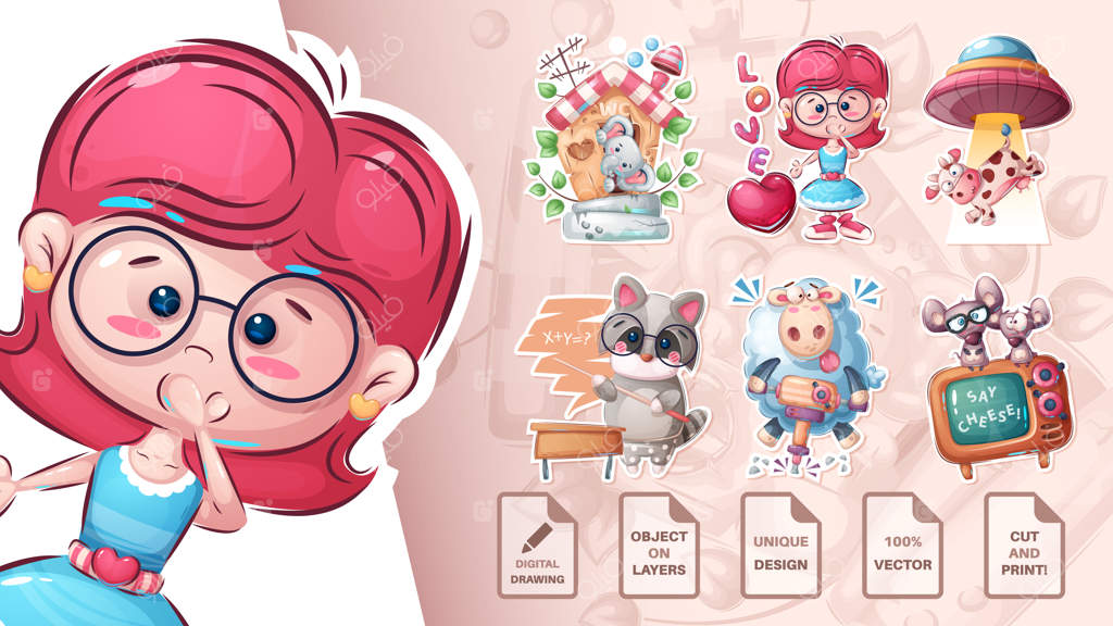 مجوعه استیکر شخصیت‌های کارتونی حیوانات وکتور - eps 10