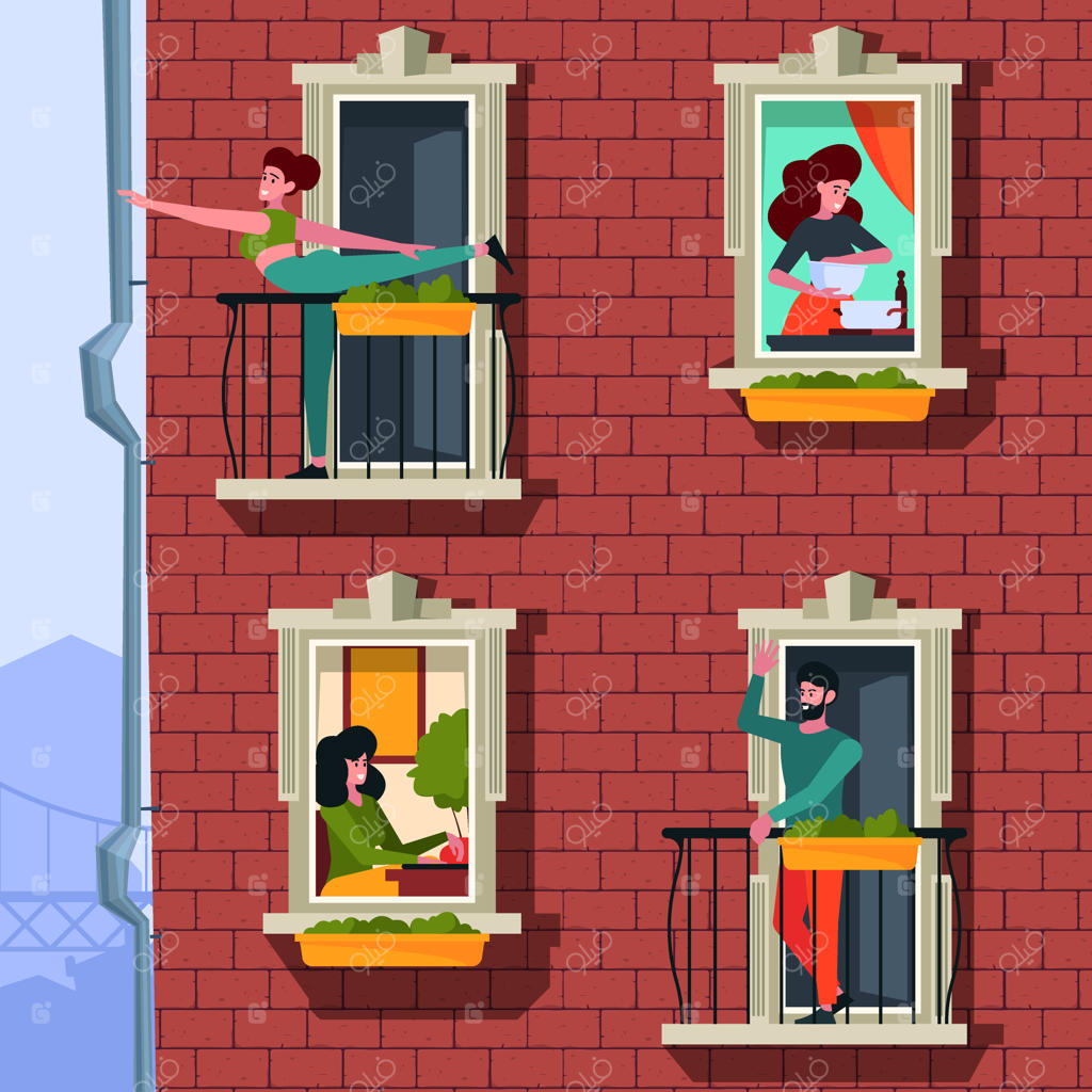 نمای ساختمان: پنجره‌های مدرن و بالکن‌های متفاوت در محله‌های شهری برای آپارتمان‌ها و مردم اطراف