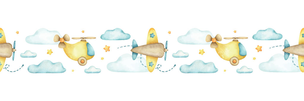 مرز بی‌وقفه از هواپیماهای بچگانه رنگارنگ، هلیکوپتر، پیکان، ابر و ستاره‌ها. پس‌زمینه آبرنگی مجزای وسایل پرنده کودکان. طرحی برای محصولات کودک، پارچه، روتختی و کاغذ دیواری