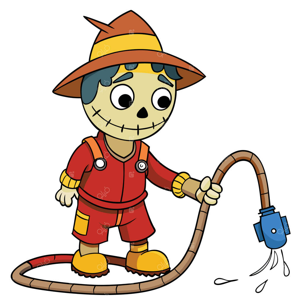 شخصیت کارتونی مترسک بامزه در حال آبیاری با شلنگ باغبانی (تصویر جدا شده)