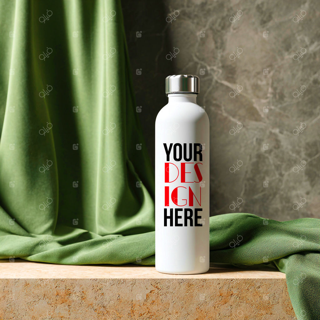 موکاپ بطری آب فلزی سفید با فضای جایگذاری طرح در پس‌زمینه پارچه سبز لوکس و سنگ مرمر