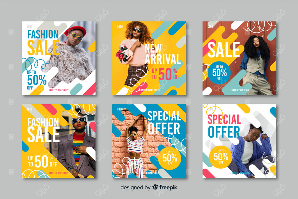 مجموعه پست‌های اینستاگرامی فروش با طراحی رنگارنگ و انتزاعی همراه با عکس