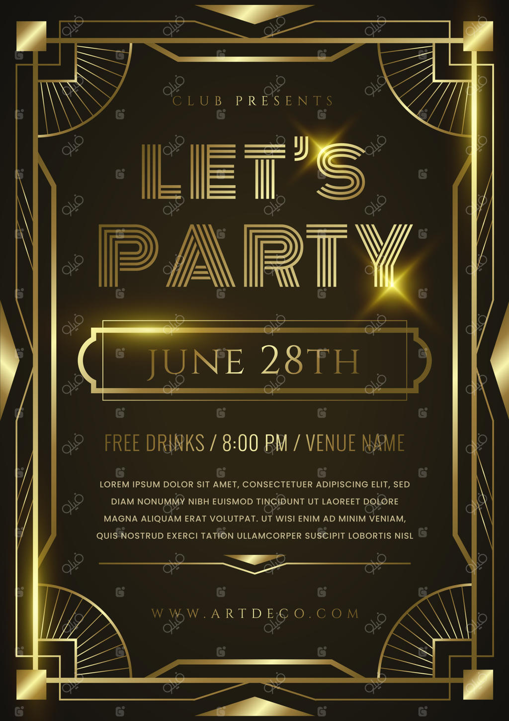 قالب پوستر مهمانی سبک آرت دکو با گرادیانت رنگی