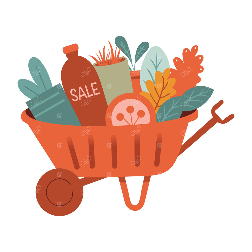 برچسب تخت با طرح فرغون پر از گیاهان و لوازم باغبانی، مناسب برای فروشگاه باغبانی