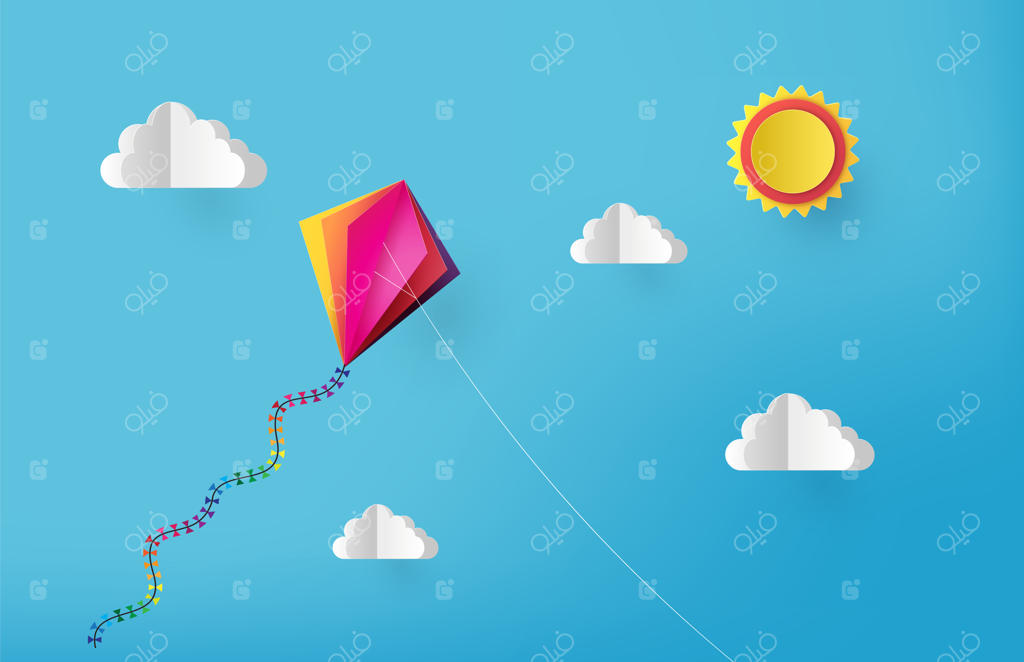 بادبادک رنگارنگ در آسمان - به سبک برش کاغذی.