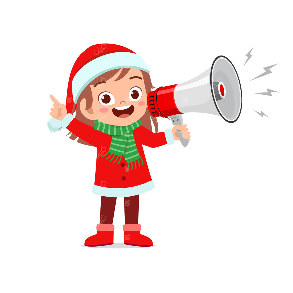 پسر و دختر بچه بامزه در لباس قرمز کریسمس درحالیکه بلندگو دارند