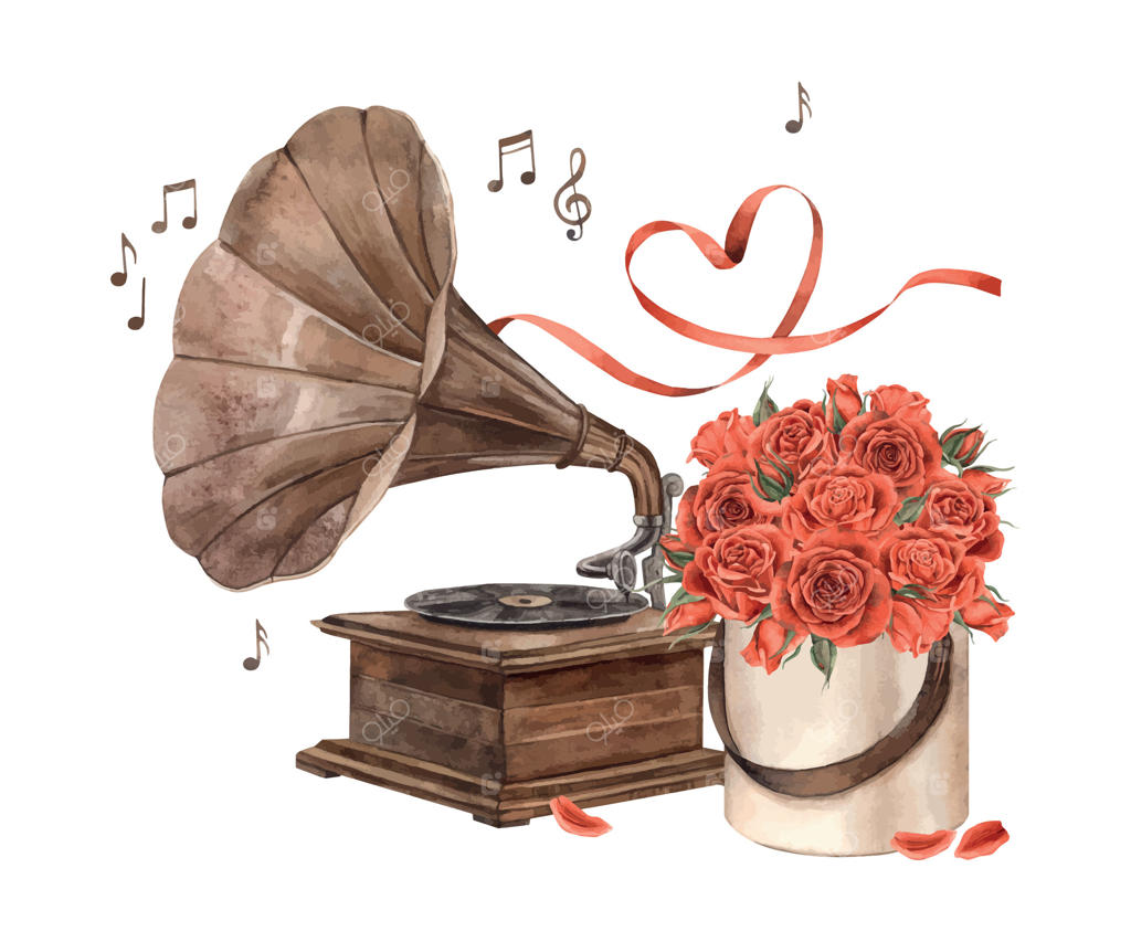 گرامافون قدیمی با دسته‌ای از گل‌های رز قرمز، موسیقی در حال نواختن، نت‌ها در حال پرواز، و روبان ساتن به شکل قلب. تصویر آبرنگی برای عروسی، روز ولنتاین، سالگردها و کارت‌ها.