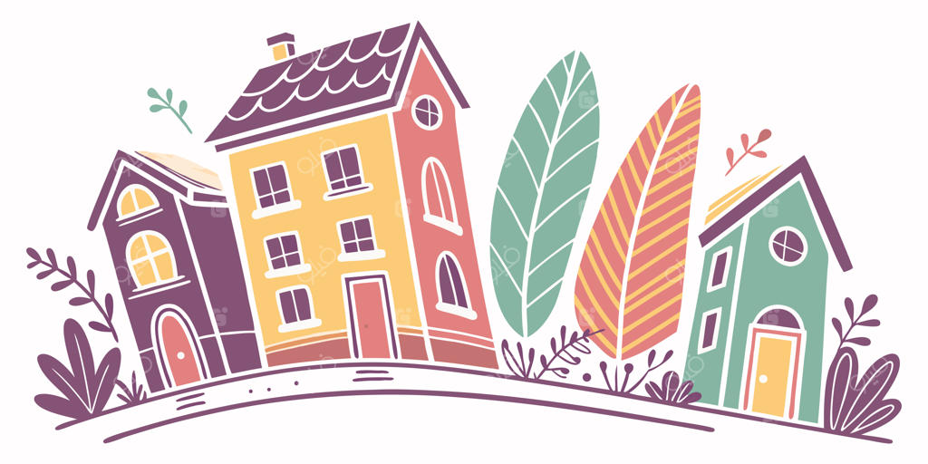 تصویرسازی وکتور محله دنج با خانه‌ها و درختان طرح دستی فانتزی و بامزه