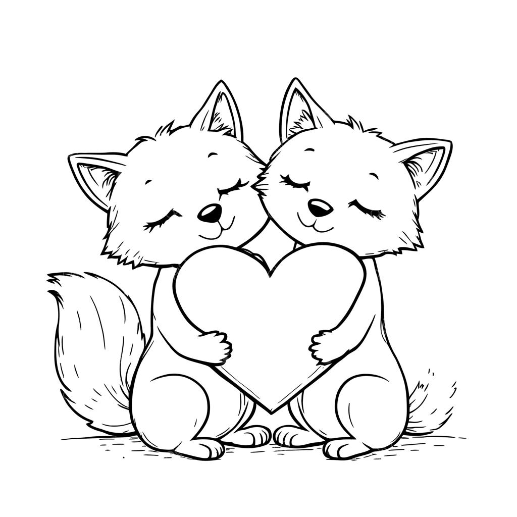 صفحه رنگ‌آمیزی با طراحی خطی زیبا از دو روباه بامزه که قلب بزرگی را در آغوش گرفته‌اند