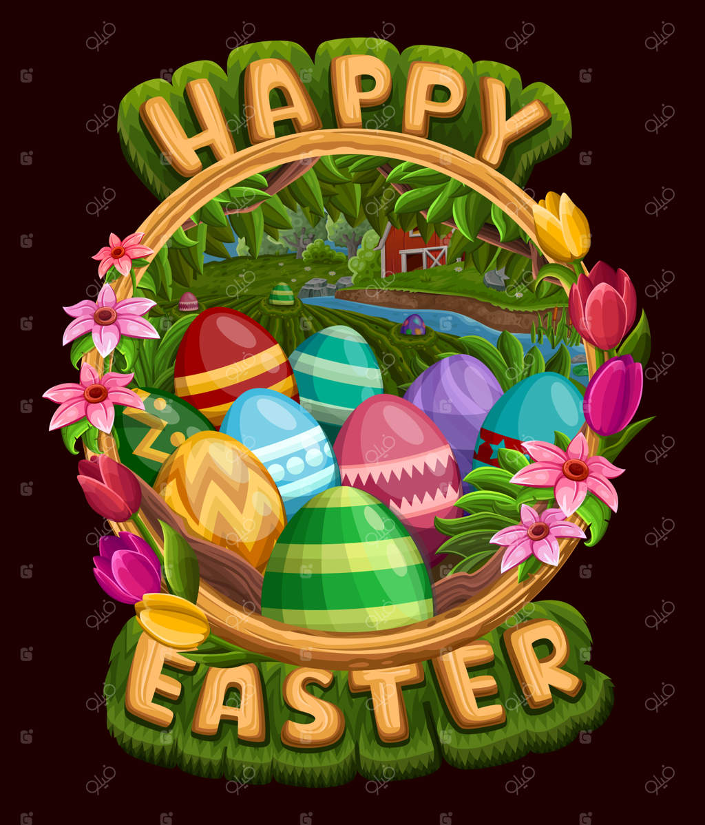 قاب تخم‌مرغ‌های رنگی و متن عید پاک مبارک