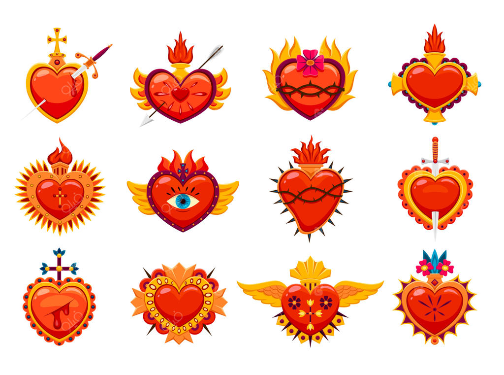 مجموعه‌ای از قلب‌های مقدس مکزیکی به صورت طرح کارتونی و جداگانه