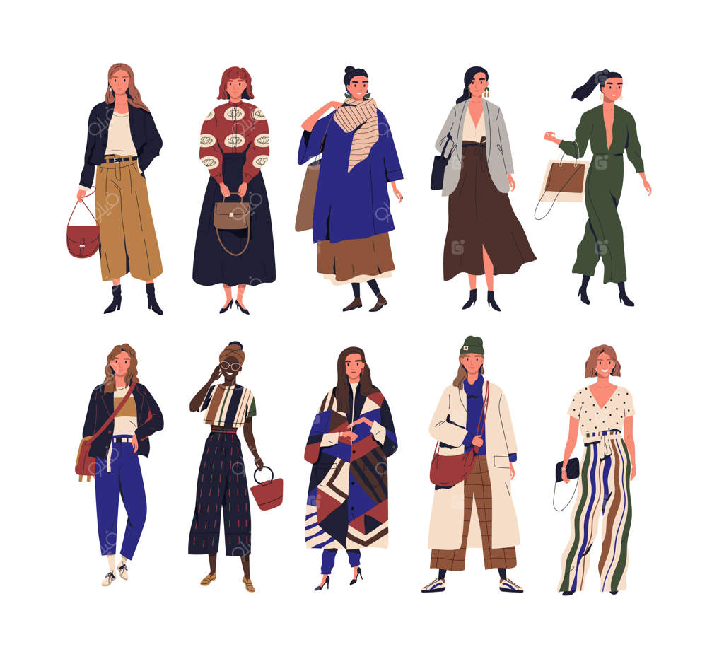 مجموعه‌ای از زنان جوان و خندان با لباس‌های مدرن و شیک. گروهی از دختران نوجوان شاد با پوشاک مد روز به صورت ایزوله روی پس‌زمینه سفید. تصویرسازی کارتونی.