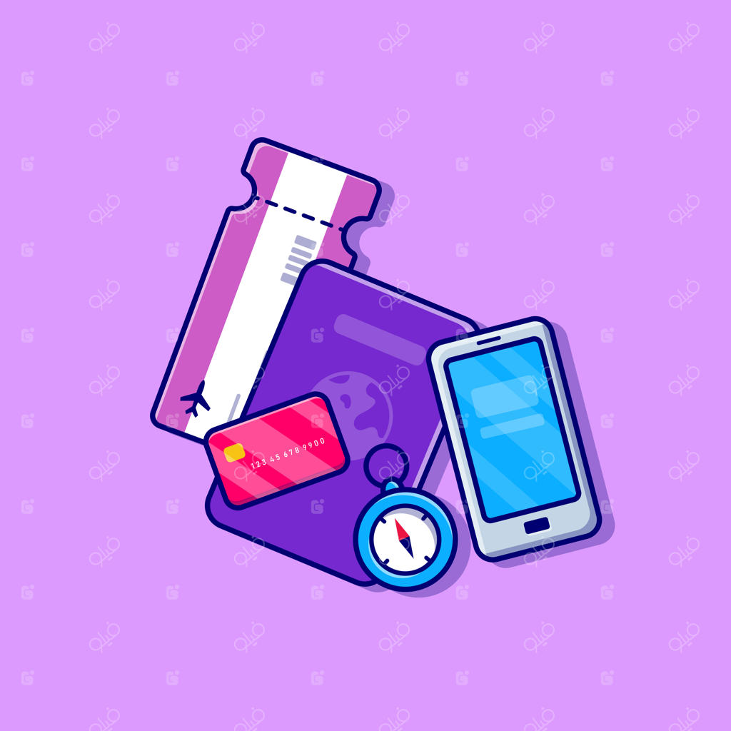 تصویر پاسپورت، کارت پرواز، قطب‌نما، کارت و تلفن همراه