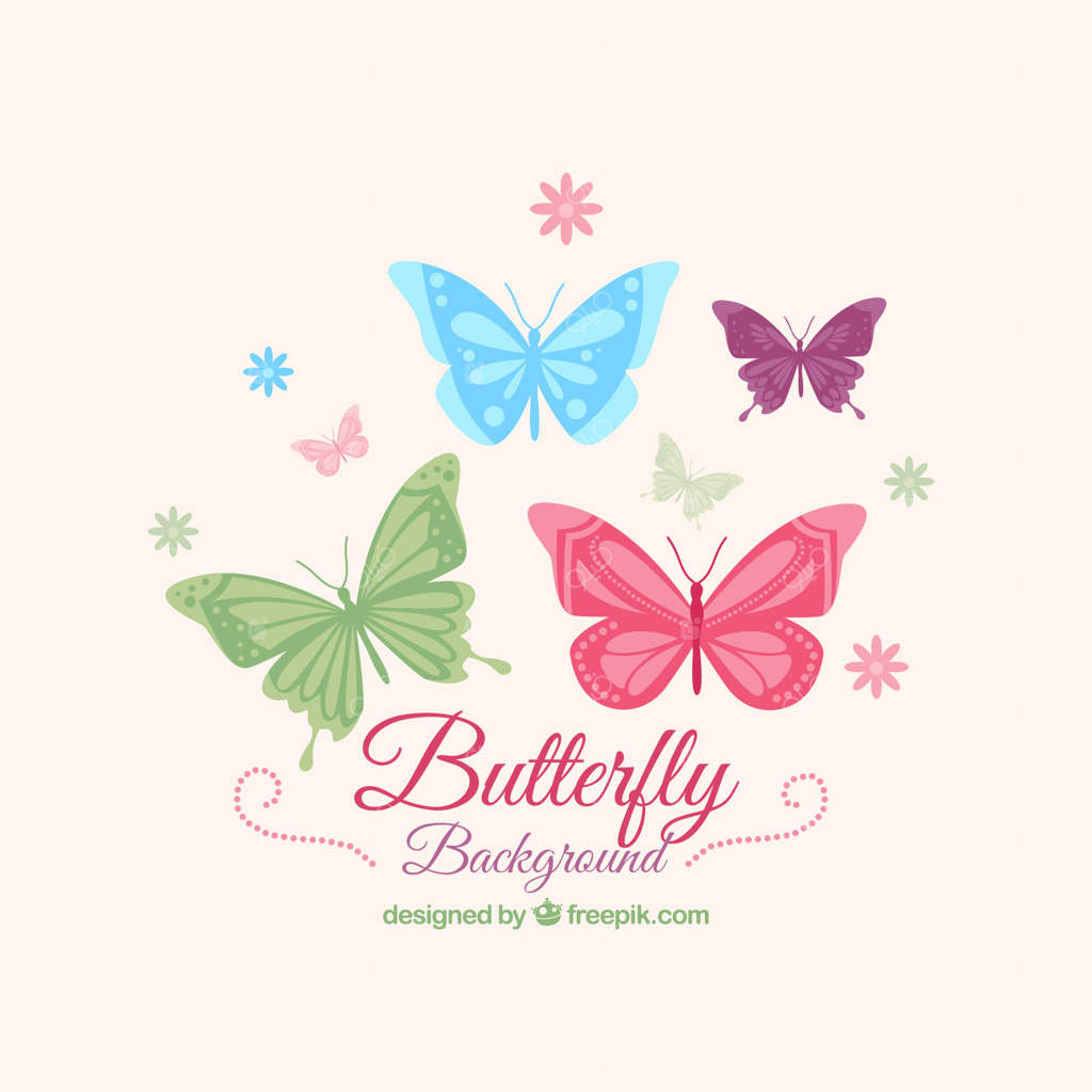 پس‌زمینه‌ پروانه‌های دست‌کشیده با گل‌ها