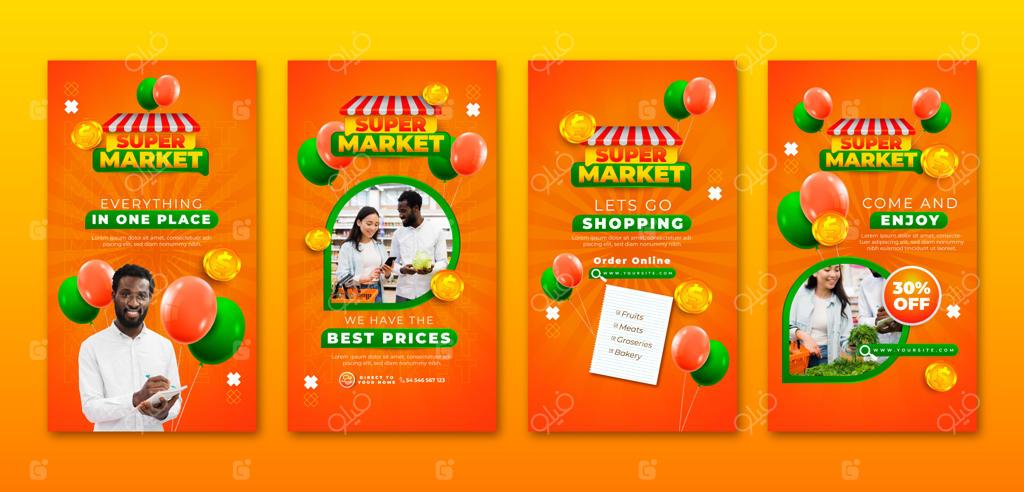 مجموعه استوری‌های اینستاگرام سوپرمارکت با طراحی گرادیان