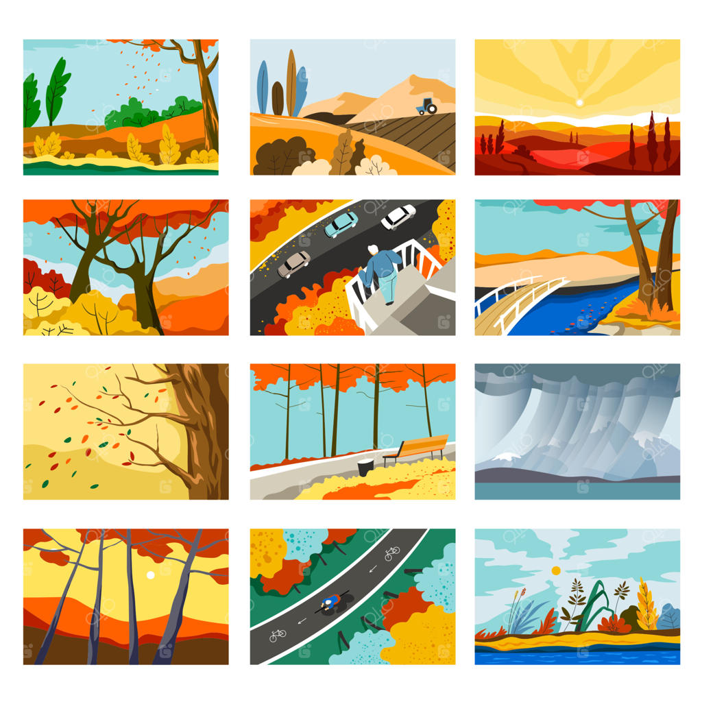 مناظر پاییزی، شهرها و پارک‌ها با درختان