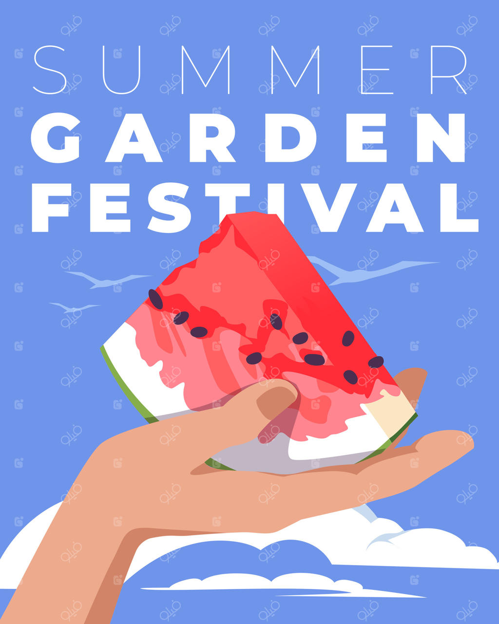 بنر وب برای جشنواره تابستانی باغ. دستی با هندوانه روی پس‌زمینه آبی با نوشته. پوستر، بروشور، تبلیغ پیشنهادات، تصویرسازی تخت وکتور.