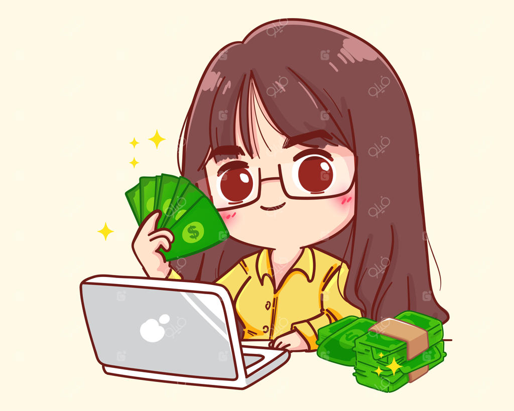 تاجر زن موفق و خوشحال که از پولش تعریف می‌کند و با لپ‌تاپ آنلاین کار می‌کند - تصویر کارتونی