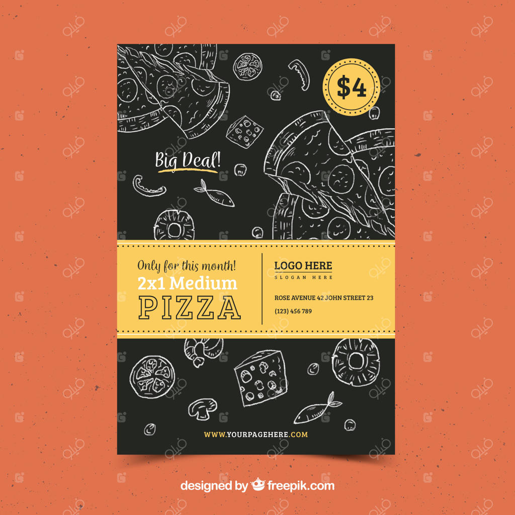 بروشور پیتزا کلاسیک با طراحی‌های دستی