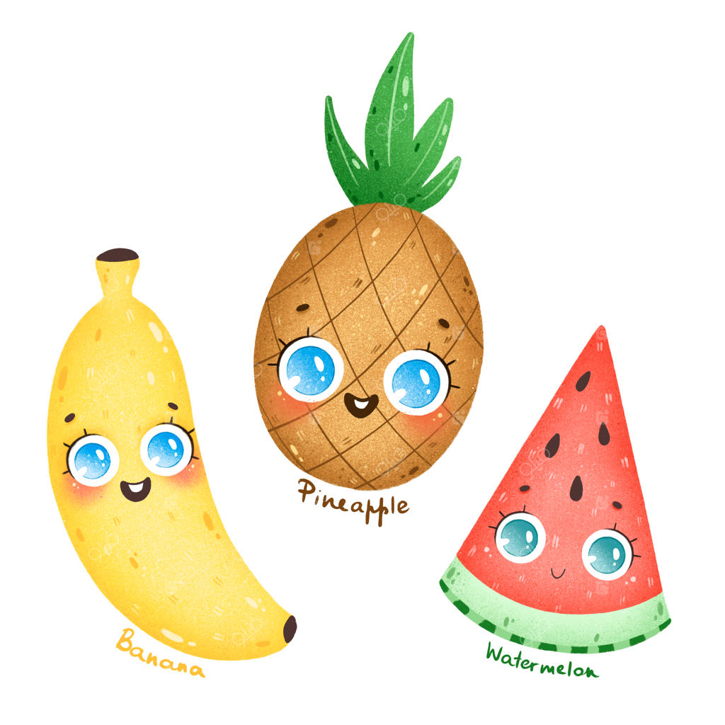 مجموعه‌ای از میوه‌های کارتونی بامزه گرمسیری با چشمان بزرگ: آناناس، موز و هندوانه همراه با نام‌ها