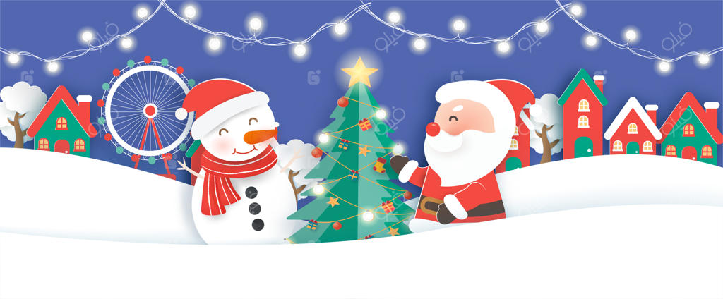 بنر کریسمس: پس‌زمینه‌ای با بابانوئل و دوستانش در دهکده برفی با سبک برش و کاغذی.